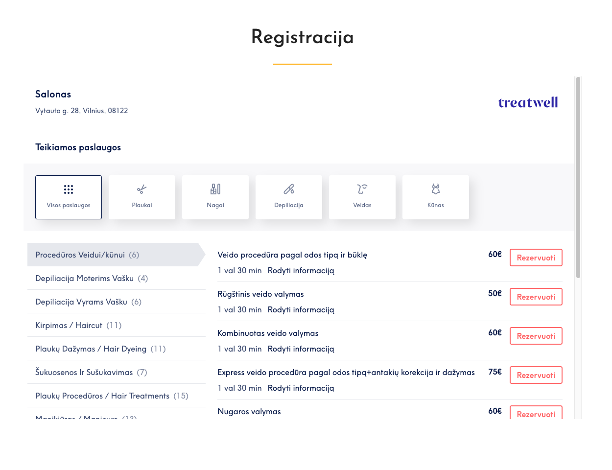 Treatwell rezervacijos integracija â paslaugÅ³ katalogas su tiesiogine rezervacija